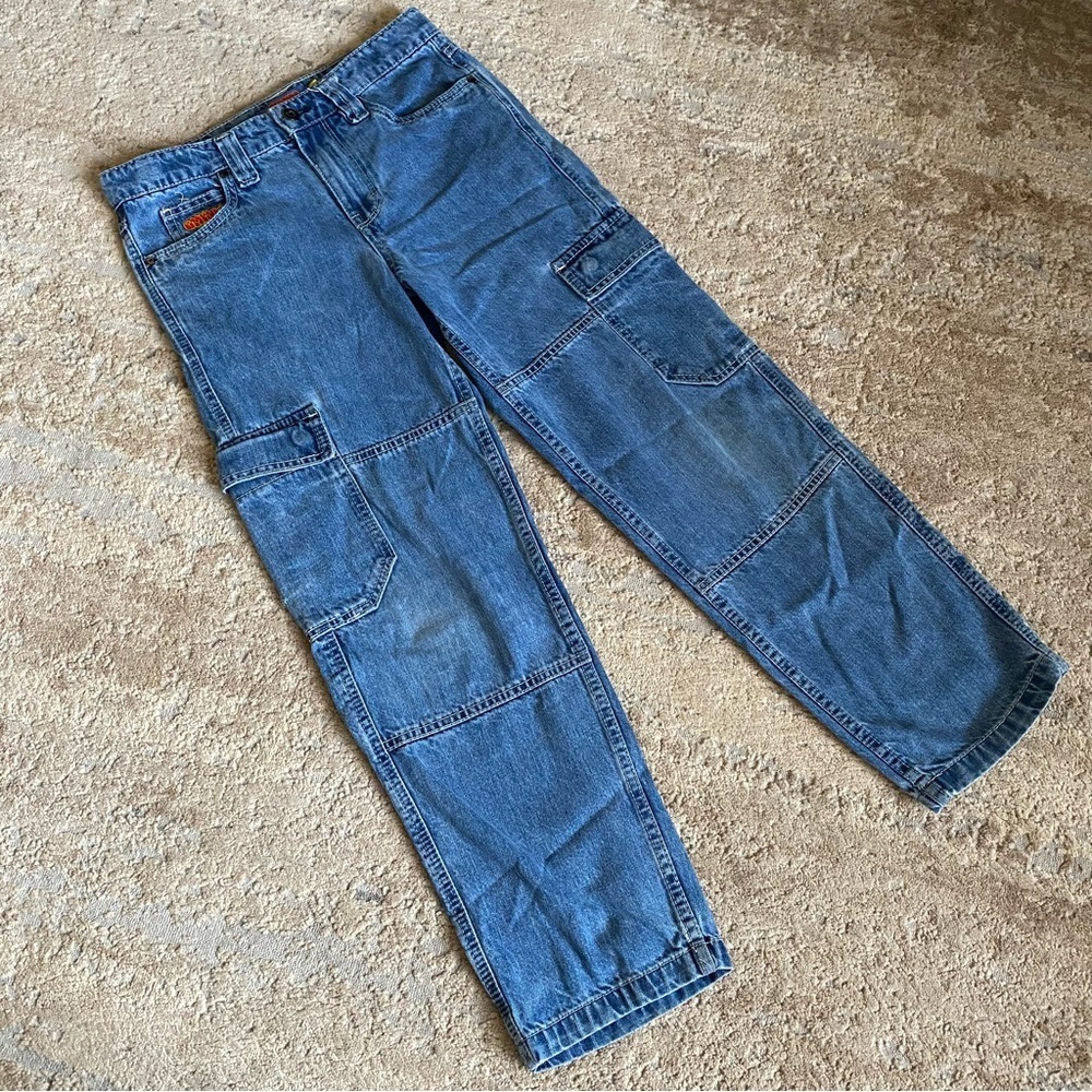 Empyre Vintage Look Cargo Jeans Pants Wide Leg Pockets Medium Wash: 26